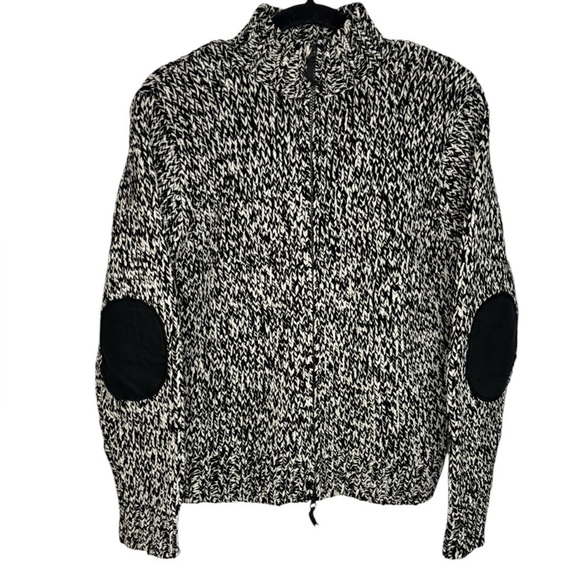 Marsh Landing Sweater Petite Large  Black White Mock Neck full Zip Elbow Patch - Picture 1 of 10